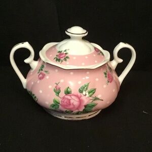 Brew to a Tea - Beautiful Sugar Bowl Pink Floral Roses Polka Dot Pattern